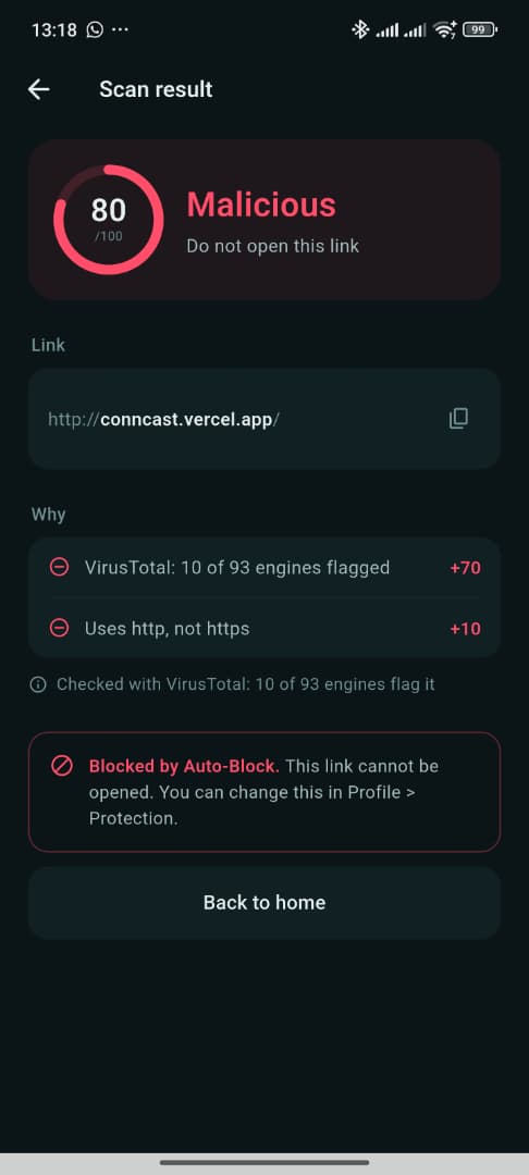 QuishGuard result screen showing a link rated Malicious